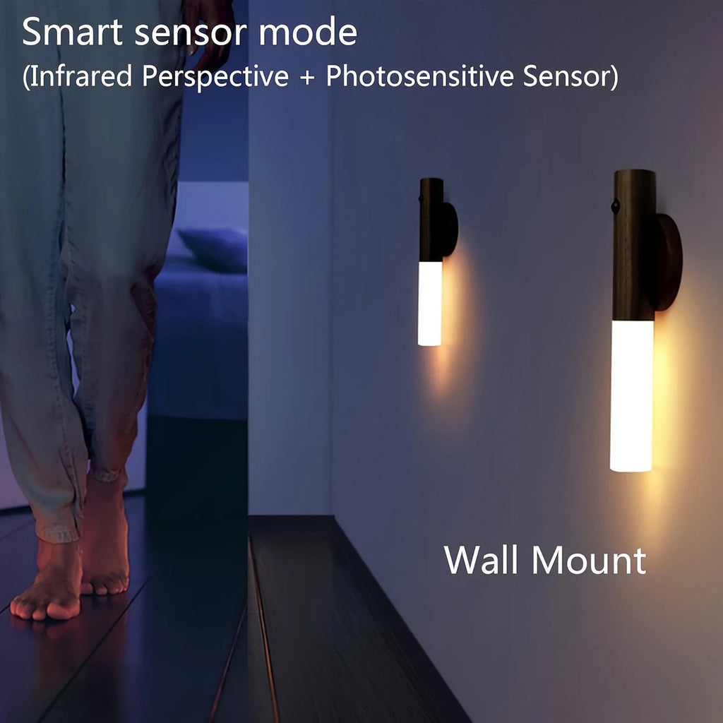 Motion Sensor Night Light, Magnetic Wall Lamp, USB Rechargeable LED Stick Light, Wireless Staircase Indoor Wooden Wall Closet Light for Hallway