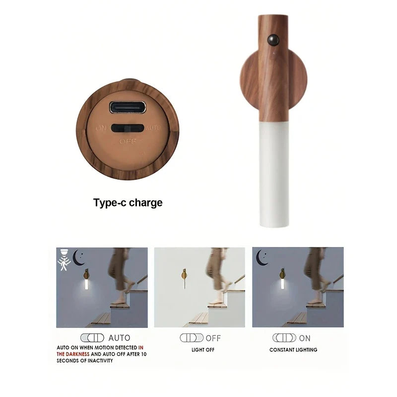 Motion Sensor Night Light, Magnetic Wall Lamp, USB Rechargeable LED Stick Light, Wireless Staircase Indoor Wooden Wall Closet Light for Hallway