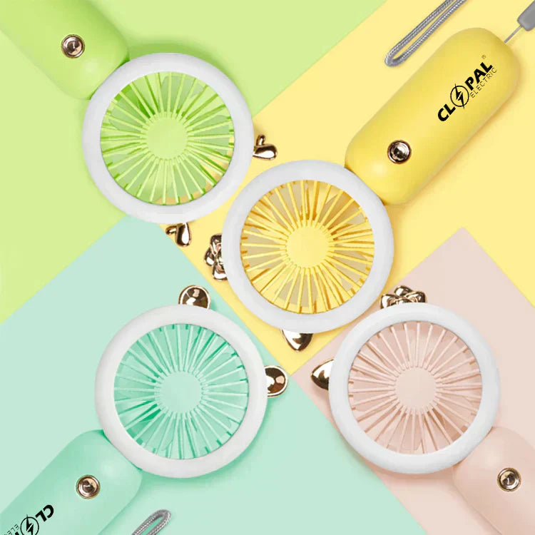 Portable Cute Cartoon Fan with LED Light, USB Rechargeable Mini Handheld Fan Personal Fan for Travel