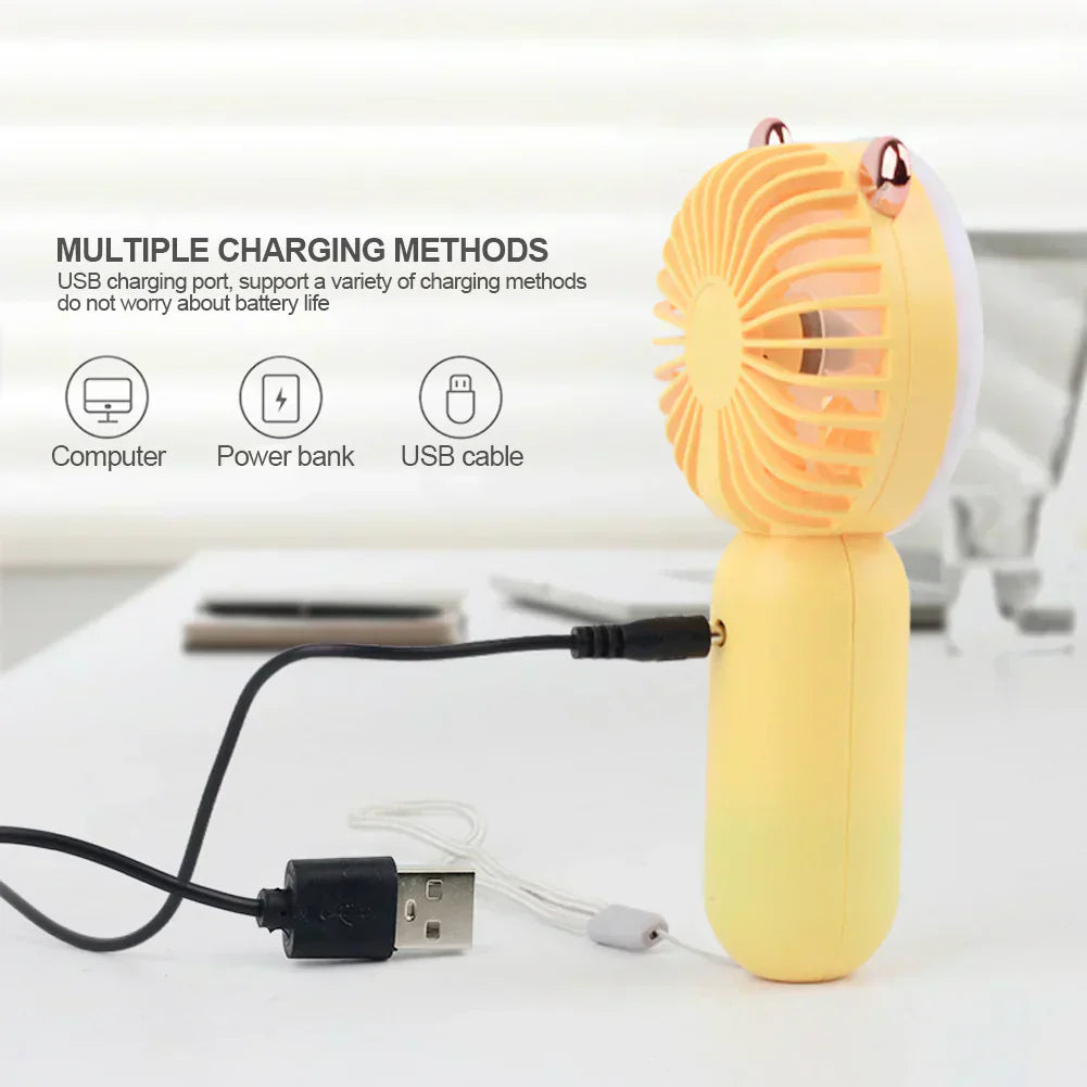 Portable Cute Cartoon Fan with LED Light, USB Rechargeable Mini Handheld Fan Personal Fan for Travel