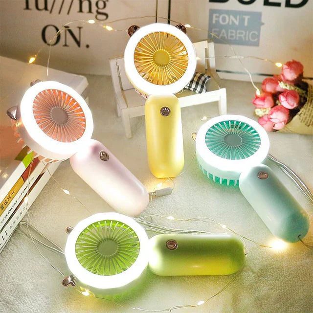 Portable Cute Cartoon Fan with LED Light, USB Rechargeable Mini Handheld Fan Personal Fan for Travel