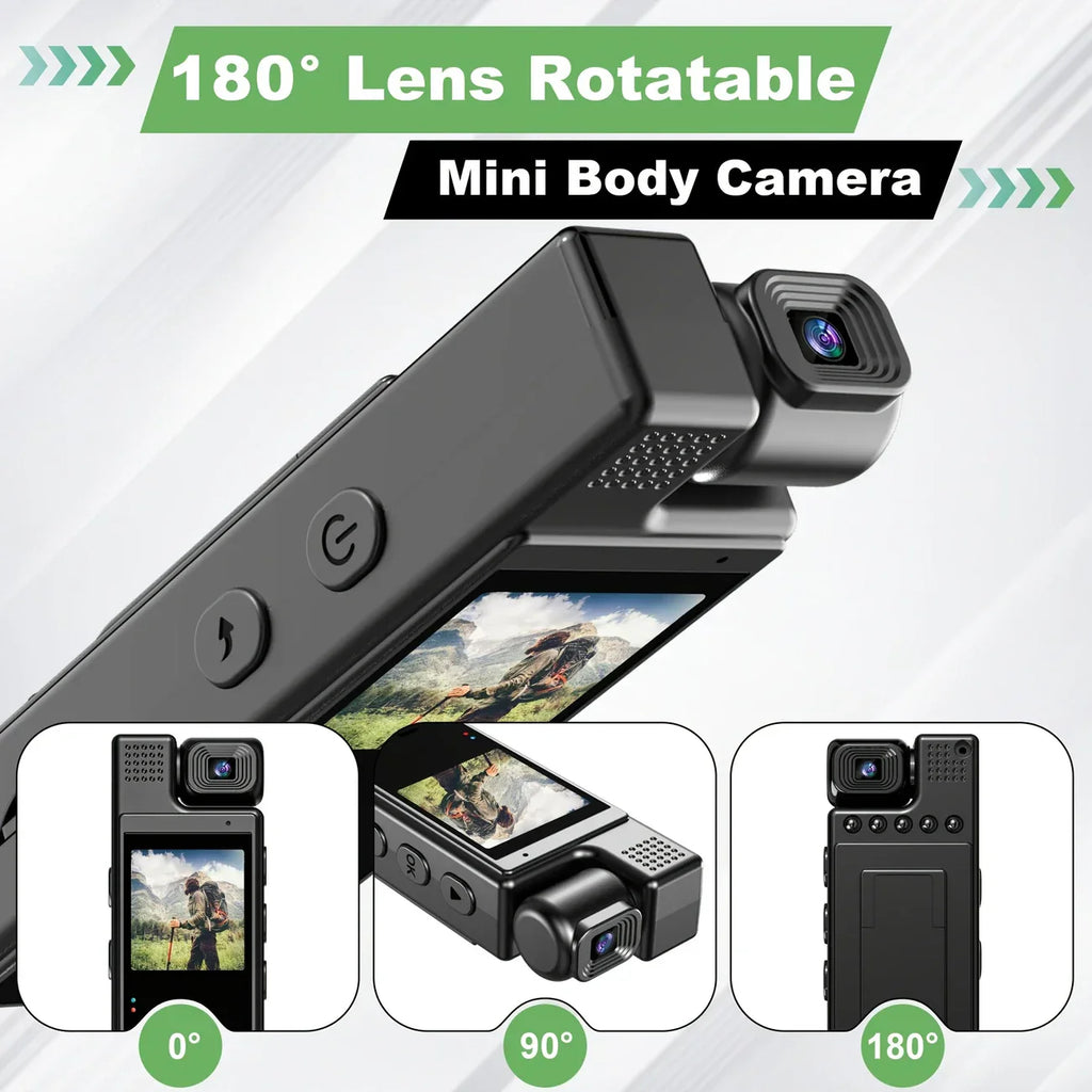 Small Body Camera, 180° Rotating Lens, Long Battery Life, Sports Recording Camera, Suitable for Sports Cycling Video Recording, Black Body, with Back Clip