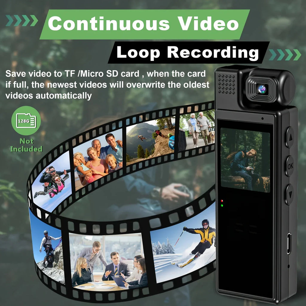 Small Body Camera, 180° Rotating Lens, Long Battery Life, Sports Recording Camera, Suitable for Sports Cycling Video Recording, Black Body, with Back Clip