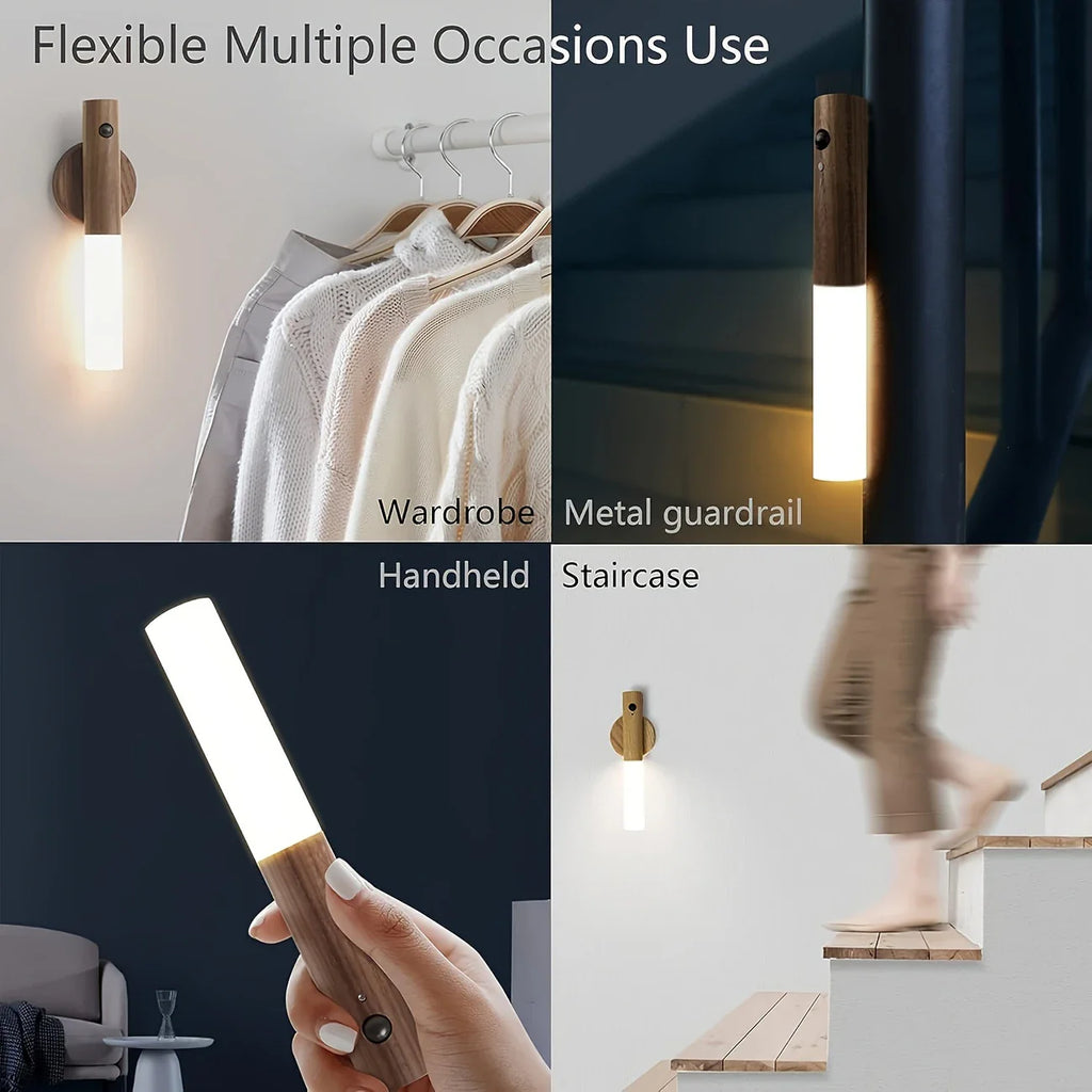 Motion Sensor Night Light, Magnetic Wall Lamp, USB Rechargeable LED Stick Light, Wireless Staircase Indoor Wooden Wall Closet Light for Hallway